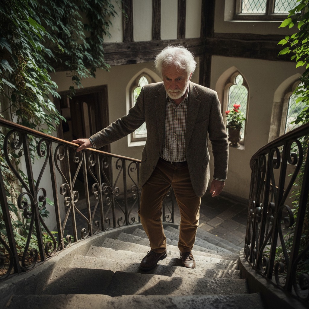 An elderly man with white hair and a beard walks down a stone staircase inside a historic building with ivy-covered walls.