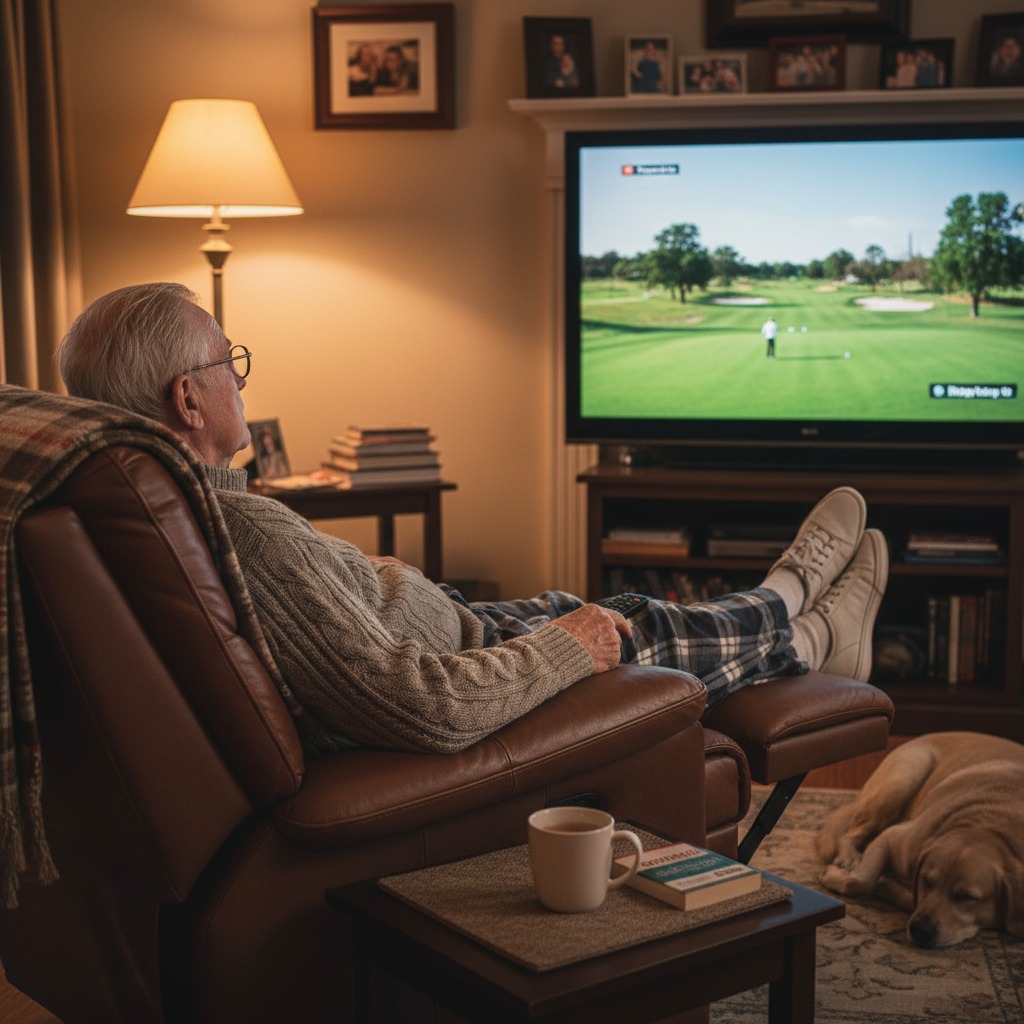 An elderly man relaxes in a leather recliner watching a golf tournament on television while his dog sleeps on the floor nearby.